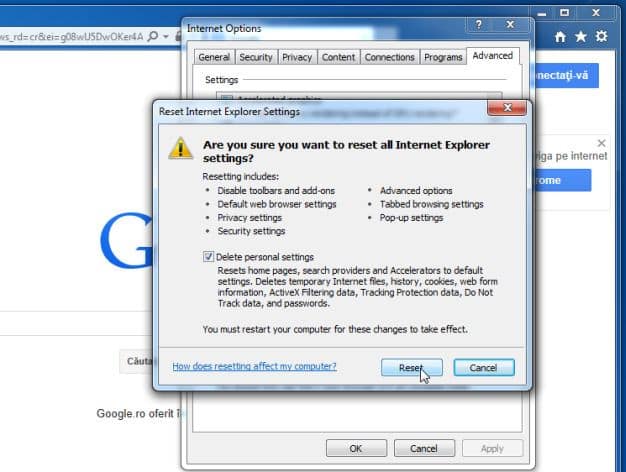 Chọn Delete personal settings rồi click chọn nút Reset