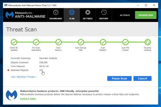 Malwarebytes Anti-Malware sẽ bắt đầu quét hệ thống