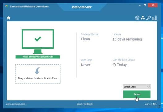 Khi cửa sổ Zemana AntiMalware mở, click chọn nút Scan