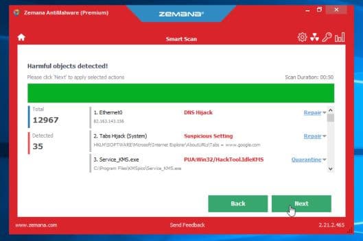 Click chọn nút Next để loại bỏ tất cả các file độc hại khỏi máy tính của bạn.