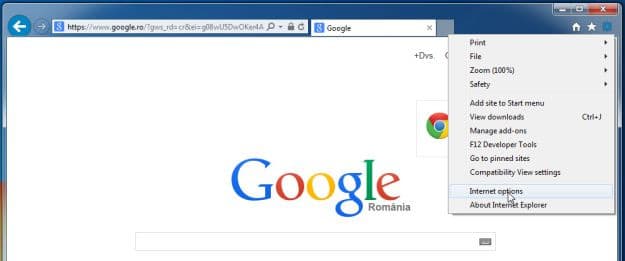 Bấm vào biểu tượng bánh răng trên Internet Options