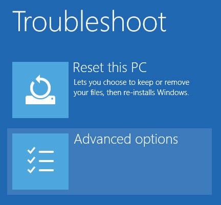 Trên cửa sổ Troubleshoot, chọn tùy chọn "Advanced Options"