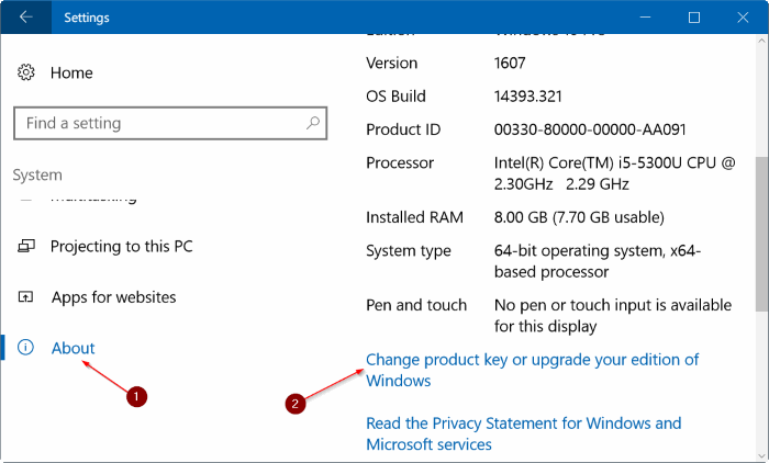 Click chọn link Change product key or upgrade your edition of Windows