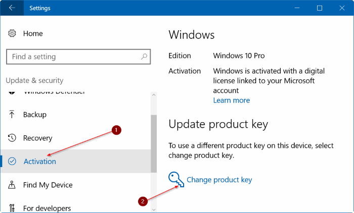 click chọn link Change product key