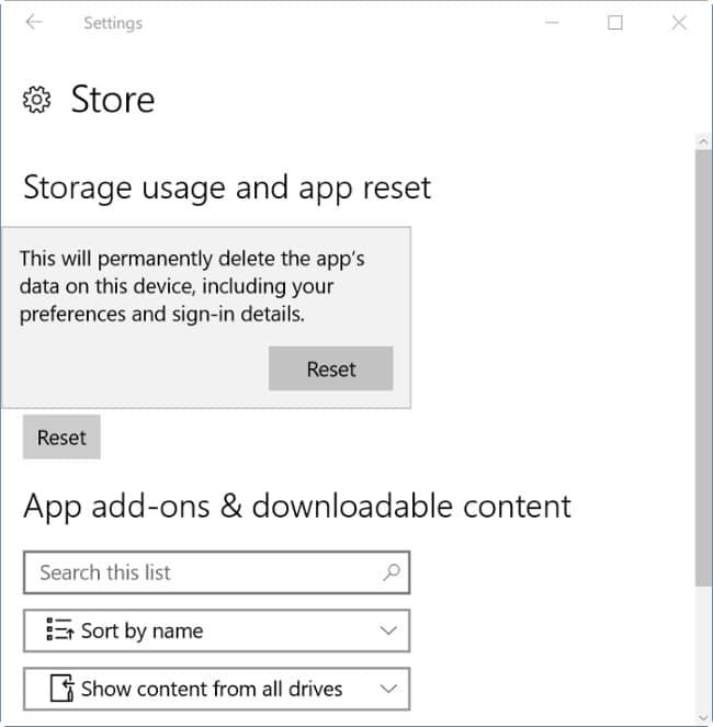 Sau đó click chọn nút Reset một lần nữa để reset ứng dụng Windows Strore.