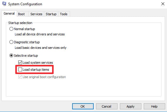 Bỏ tích mục Load startup items