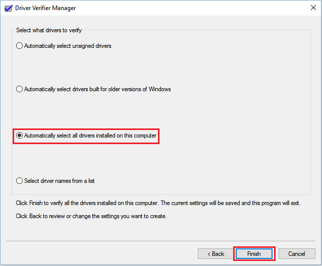 chọn Automatically select all drivers installed on this computer rồi click chọn Finish