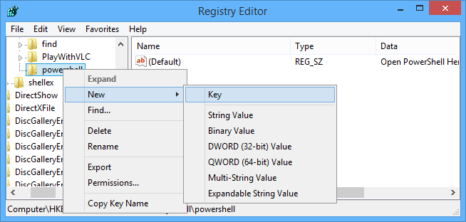 kích chuột phải vào sub key có tên Powershell, chọn New => Key để tạo một sub key mới đặt tên là "command"