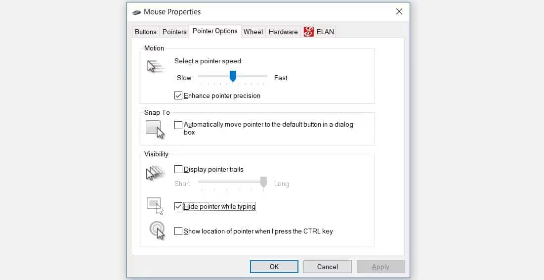 con-tro-chuot-bien-mat-2 Hộp Hide pointer while typing được chọn