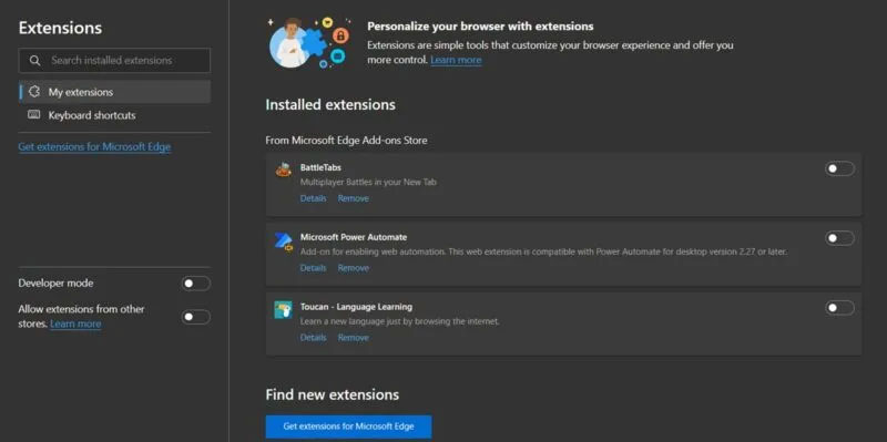 cong-cu-tim-kiem-va-trang-chu-lien-tuc-thay-doi-12 Vô hiệu hóa tiện ích mở rộng trong trình duyệt Microsoft Edge.
