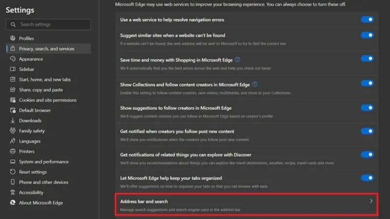 cong-cu-tim-kiem-va-trang-chu-lien-tuc-thay-doi-3 Nhấp vào tùy chọn Address bar and search trong cài đặt Microsoft Edge.