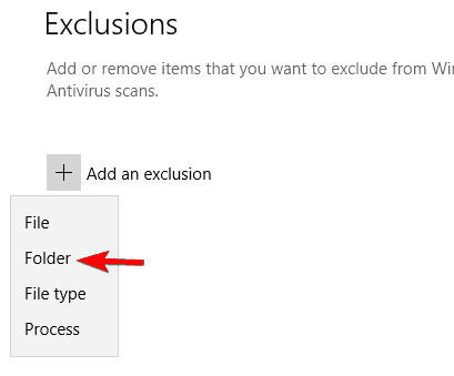 cpu-cao-bat-thuong-do-tiworkerexe-3 Nhấp vào Add an exclusion và chọn Folder từ danh sách