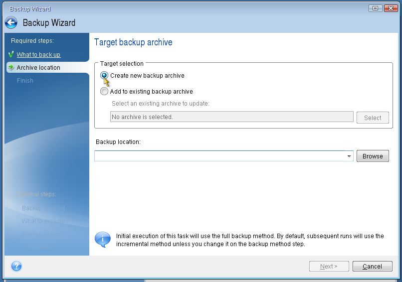 chọn Create new backup archive