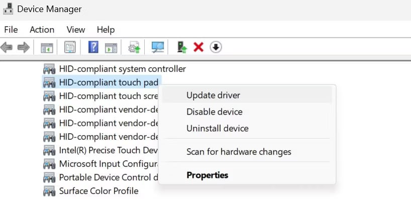 cuon-bang-hai-ngon-tay-khong-hoat-dong-tren-windows-4 Cập nhật driver HID-Compliant Touchpad trong Task Manager Windows.
