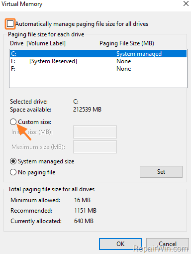 Chọn tùy chọn Custom Size