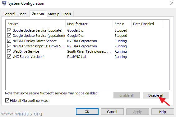 Click chọn nút Disable All để vô hiệu hóa tất cả các service (dịch vụ) không phải Microsoft