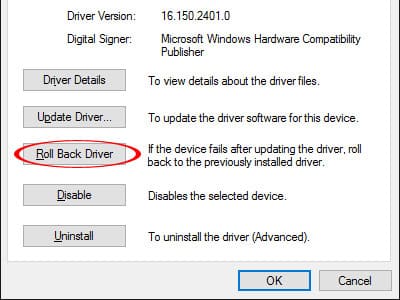 Chọn Roll Back Driver