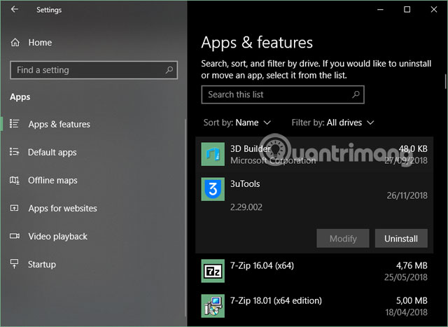 Menu Apps & Features.