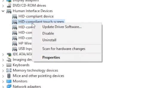 Chọn Disable menu HID compliant touch screen