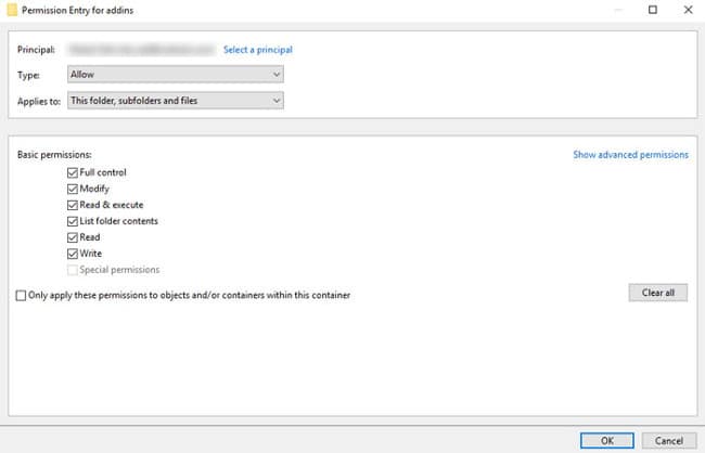 Permission Entry đánh tích chọn Full Control