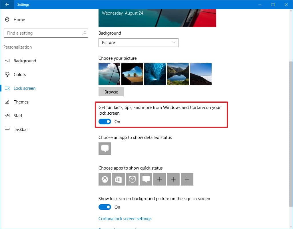 chọn Get fun facts, tips, and more from Windows and Cortana on your lock screen