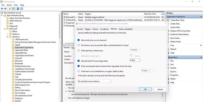 giam-muc-su-dung-cpu-cua-microsoft-compatibility-telemetry-8 Bỏ chọn hộp Run task as soon as possible after a scheduled start is missed