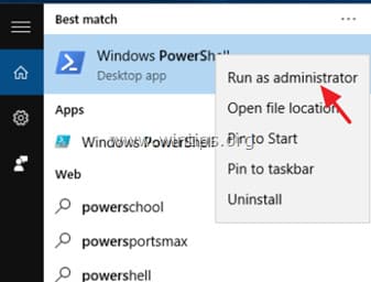 Kích chuột vào Windows PowerShell rồi chọn Run as administrator