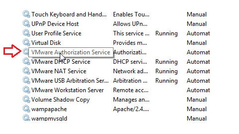 Tìm tùy chọn có tên VMware Authorization Service.