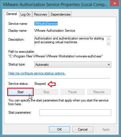 Chọn nút Start để chạy VMware Authorization Service.