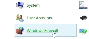 tìm và click chọn Windows Firewall