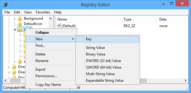 kích chuột phải vào key "shell" và chọn New => Key. Đặt tên cho key mới này là “powershell”