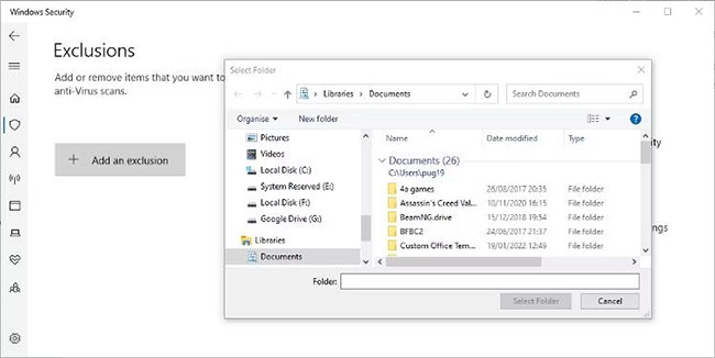 Đặt ngoại lệ trong Windows Security