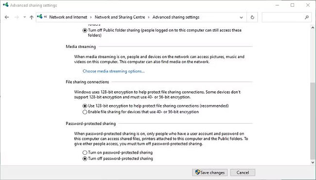Cài đặt chia sẻ nâng cao trong Windows Control Panel