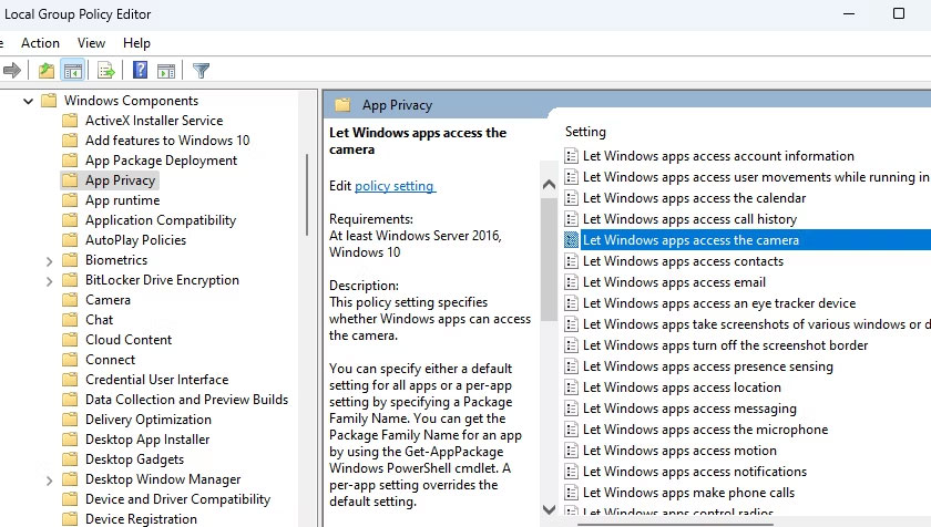 khac-phuc-su-co-ung-dung-windows-camera-7 Cài đặt quyền riêng tư của ứng dụng Group Policy Editor
