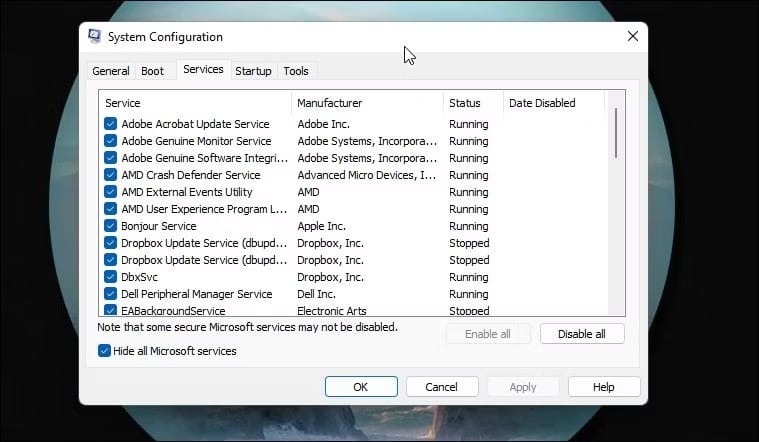 khong-the-copy-paste-trong-windows-2 Ứng dụng System Configuration hiển thị tùy chọn ẩn tất cả các service của Microsoft.