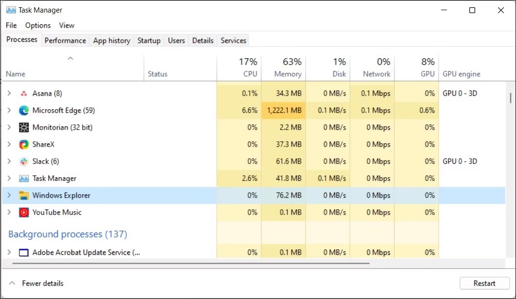 khong-the-copy-paste-trong-windows-6 Task Manager Windows 11 hiển thị tiến trình Windows Explorer.