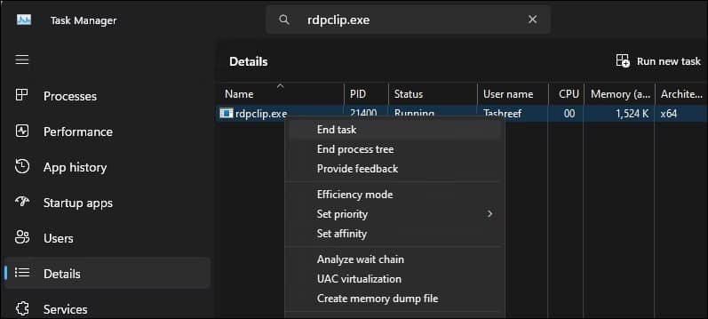 khong-the-copy-paste-trong-windows-9 Task Manager Windows 11 hiển thị tùy chọn kết thúc tiến trình rdpclip-exe