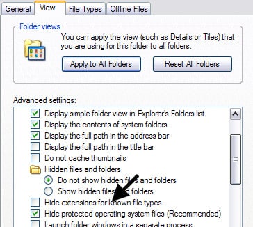 Bỏ tích mục Hide extensions for known file types