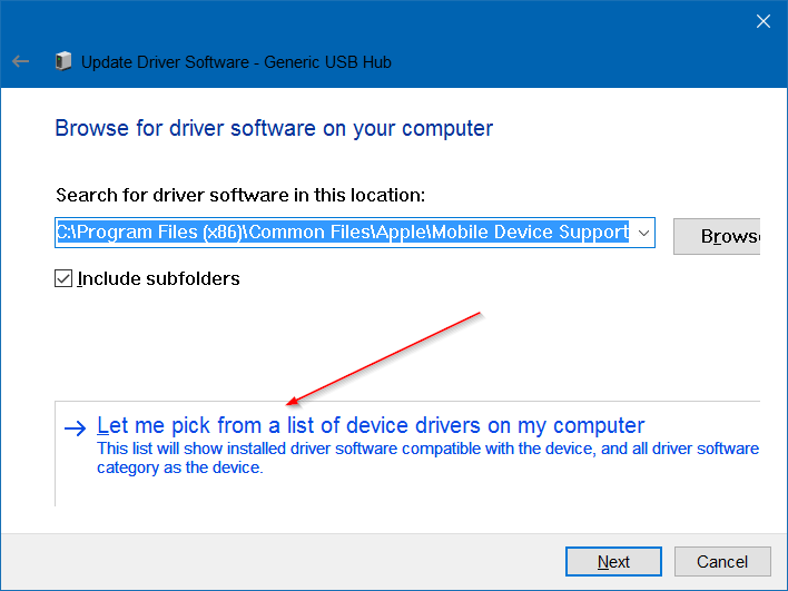 Let me pick from a list of device drivers on my computer