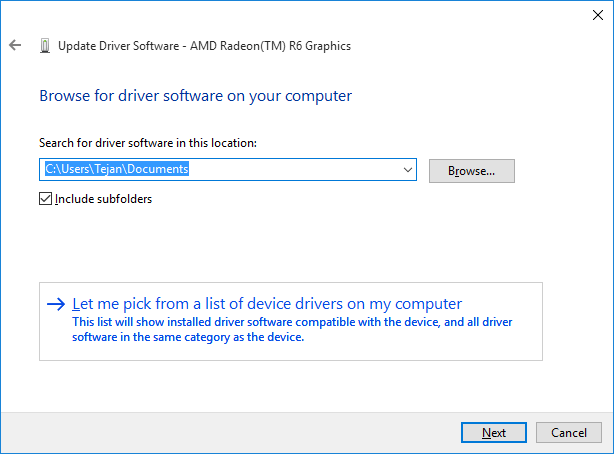 chọn “Let me pick from a list of drivers on my computer”