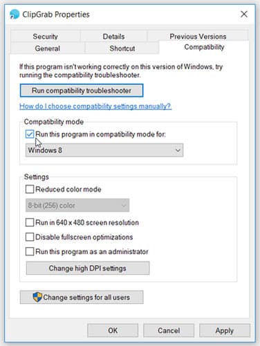Chọn hộp Run this program in compatibility mode for