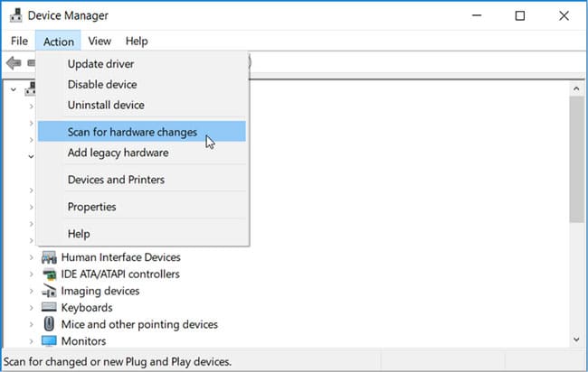 Chọn Scan for hardware changes