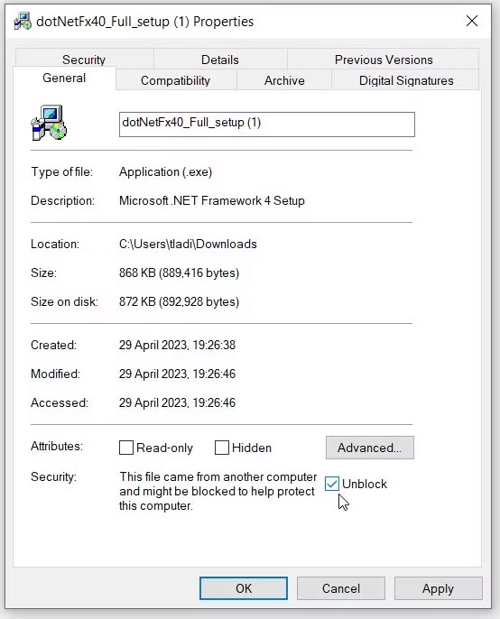 loi-cai-dat-microsoft-net-framework-4-0x800c0006-4 Chọn hộp Unblock trong màn hình Properties