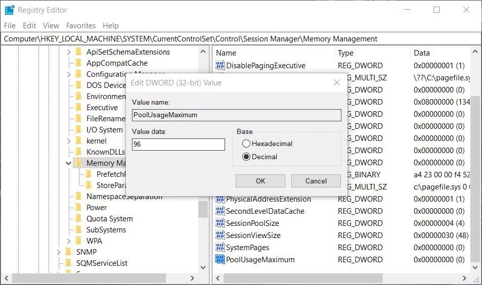 loi-insufficient-system-resources-exist-5 Cửa sổ chỉnh sửa DWORD cho PageUsageMaximum