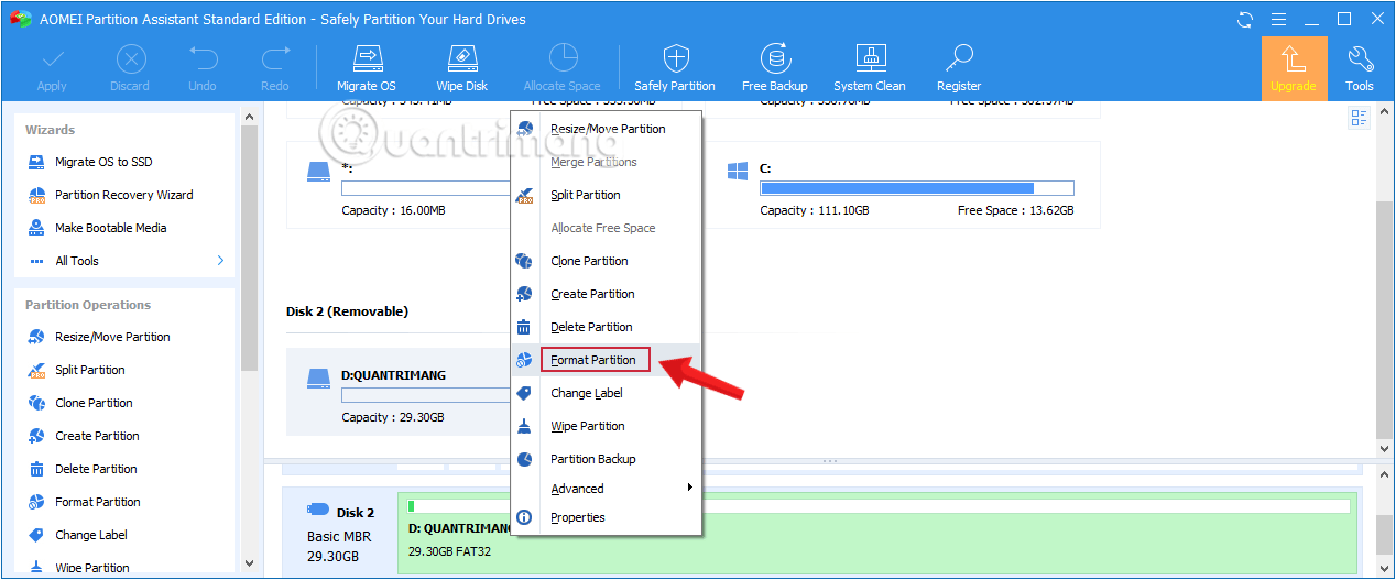 loi-khong-format-duoc-usb-9 Chọn ổ USB muốn format tương ứng, kích chuột phải và chọn Format Partition