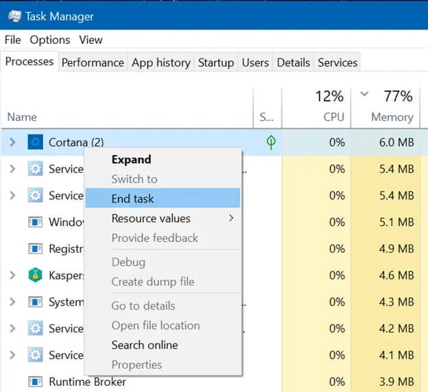 loi-khong-the-dong-cua-so-cortana-3 Nhấp vào tùy chọn End task