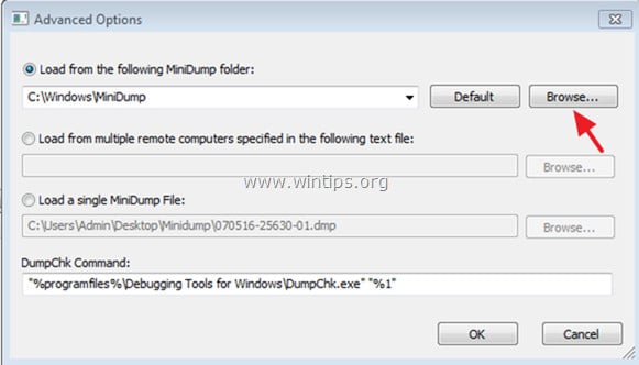 Sau đó click chọn Browse để tìm kiếm file minidump để chuyển đổi sang thư mục Minidump.