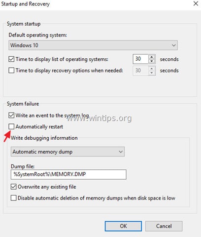 Bỏ tích mục Automatically restart rồi click chọn OK.