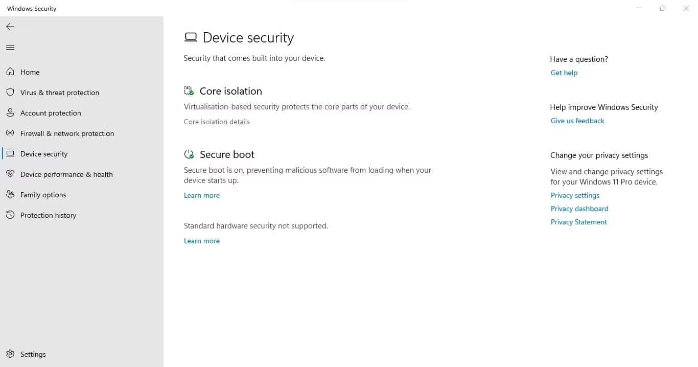 loi-memory-integrity-chuyen-sang-mau-xam-1 Nhấp vào tùy chọn Core isolation details trong tab Device security của ứng dụng Windows Security