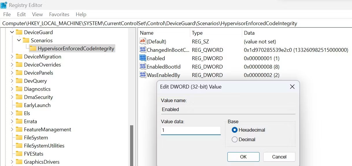 loi-memory-integrity-chuyen-sang-mau-xam-14 Tinh chỉnh key liên quan đến Memory Integrity trong Windows Register Editor